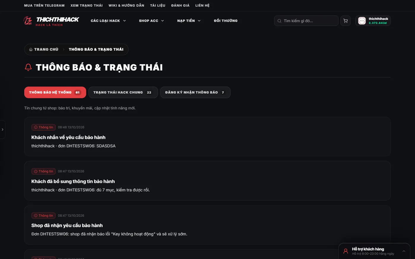 Trang Thông báo với lịch sử trạng thái và mục đăng ký nhận thông báo