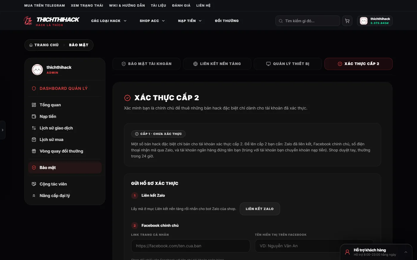 Thẻ Xác thực cấp 2 trong trang Bảo mật với bốn bước